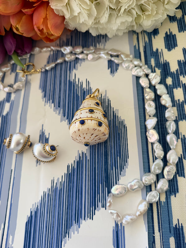 Pearl and Lapis Shell Pierced Earrings