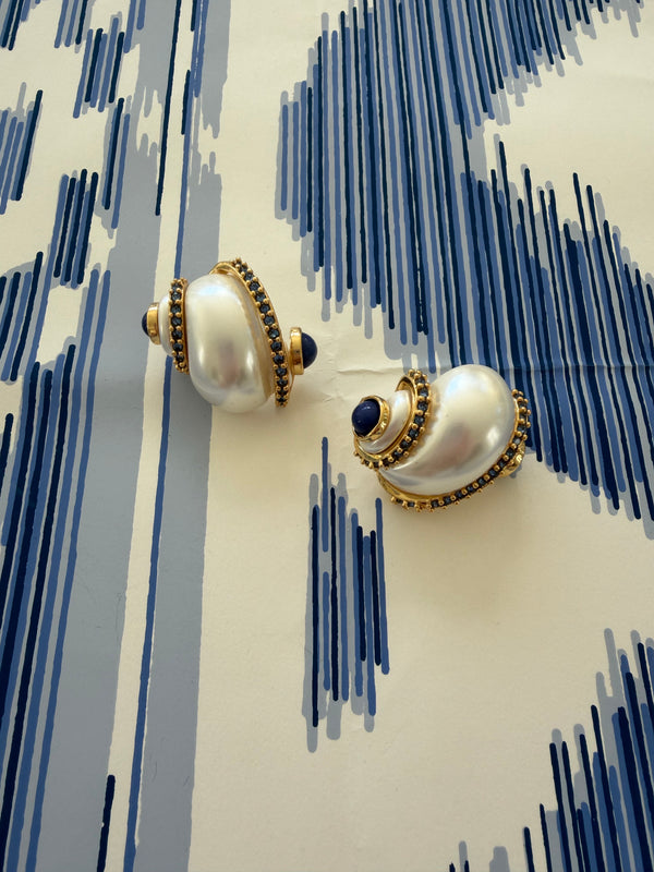 Pearl and Lapis Shell Pierced Earrings