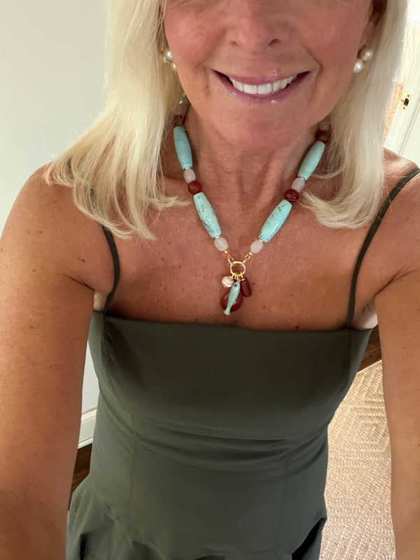 Seafoam and Amber Teardrop Charm necklace