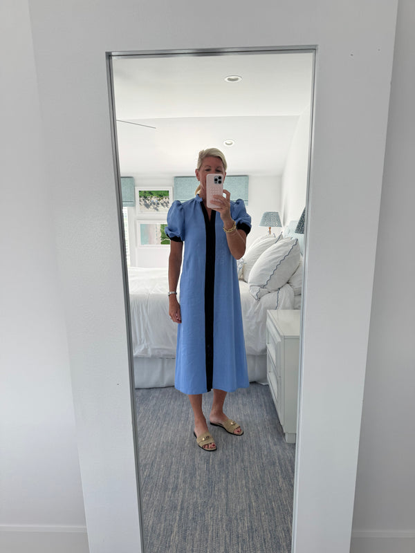 The Sconset Dress Long in periwinkle linen with navy trim