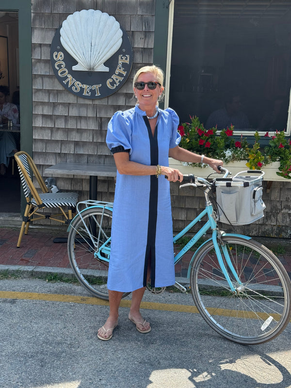 The Sconset Dress Long in periwinkle linen with navy trim