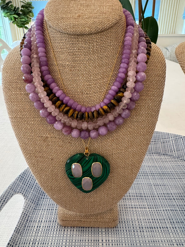 Green Stone Heart Pendant with Lilac Stones