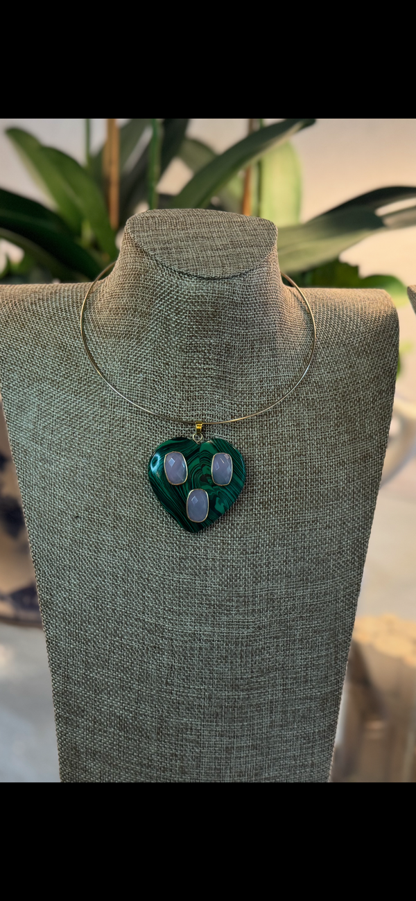 Green Stone Heart Pendant with Lilac Stones