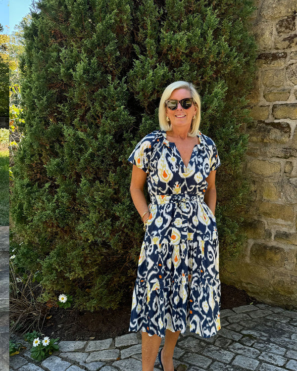 Lowell Short Sleeve Dress Navy & Yellow Cotton Ikat