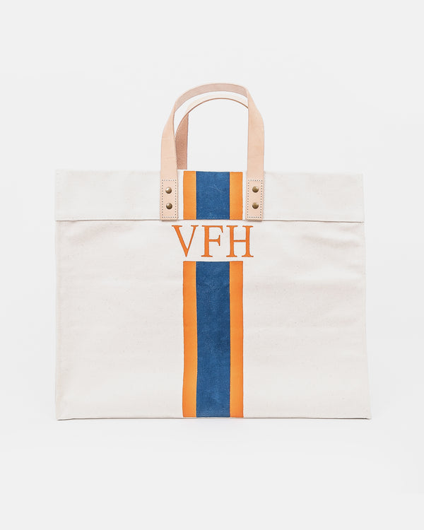 Canvas and Leather Tote - Navy & Orange Stripe